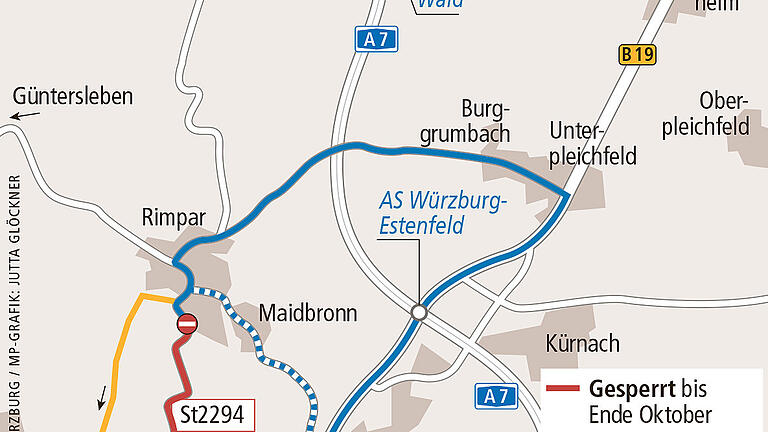 Die empfohlenen Umleitungsstrecken während der Bauarbeiten an der ST2294 zwischen dem Würzburger Stadtteil Versbach und Rimpar. Grafik: Jutta Glöckner