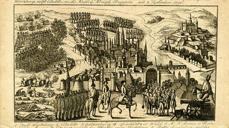 Die Schlacht um Würzburg im Jahr 1796 auf einer alten Darstellung. Foto: Stadtarchiv Würzburg Die Schlacht um Würzburg im Jahr 1796 auf einer alten Darstellung. Foto: Stadtarchiv Würzburg