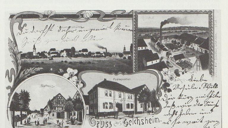 Eine Postkarte aus der Zeit um 1900 zeigt die südliche Ansicht von Gelchheim und die Ziegelei an der Oellinger Straße.