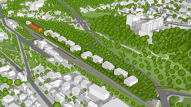 Das Vorhaben aus der Vogelperspektive: Der künftige Prinzregentenpark in der Animation, mit Blick von Südwest nach Nordost. Rechts von der alten Güterhalle am Bahnhof (orange hervorgehoben) könnten die Wohngebäude entstehen. Zu ihrer Anordnung in einer Reihe oder mit Versatz gibt es mehrere Varianten. Erkennbar in diesem Entwurf ist auch eine mögliche Fußgänger- und Radfahrerbrücke über den Ostring.