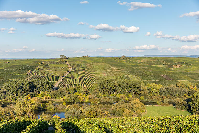 Von dem Aussichtspunkt  neben der Glatzenbergshütte hat man einen Panoramablick ins Maintal.