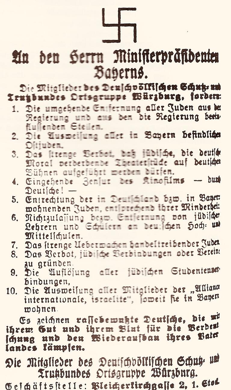 Diese Anzeige des Deutschvölkischen Schutz- und Trutzbundes erschien am 24. Februar 1920 im Fränkischen Volksblatt. Gefordert wurde die weitgehende Entrechtung der deutschen Juden.