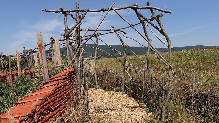 Aus dem Holzgerüst soll durch Bepflanzung ein Schattengang werden, in dem Pilze wachsen können. Aus dem Holzgerüst soll durch Bepflanzung ein Schattengang werden, in dem Pilze wachsen können.