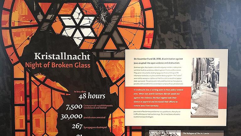 „Kristallnacht – Night of Broken Glass“. Im Zentrum für jüdische Geschichte in Sumter, South Carolina. „Kristallnacht – Night of Broken Glass“. Im Zentrum für jüdische Geschichte in Sumter, South Carolina.