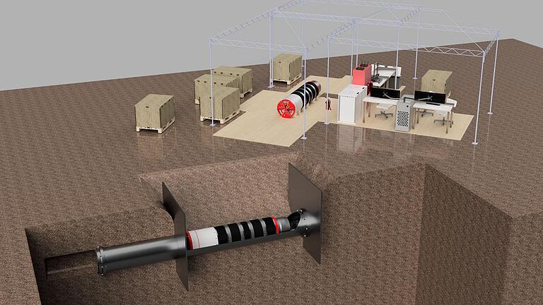 So in etwa wird der Aufbau der Kommandobasis des 'Dirt-Torpedo-Teams' beim Wettbewerb  in der Mojave-Wüste aussehen. Jedes der zwölf Teams im Finale hat sein Basisareal, von wo aus das Bohrgerät in die Erde gebracht wird und dann zeigen muss, was es kann. Nur der Startplatz für die Tunnelbohrmaschine ist 'vorgebaggert'.