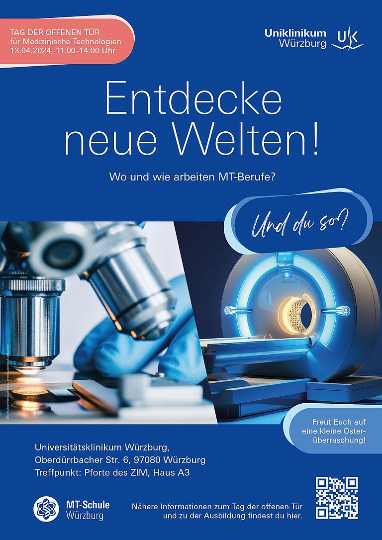 Poster zur Veranstaltung „Tag der offenen Tür für Medizinische Technologien“ am 13. April 2024 am Uniklinikum Würzburg.