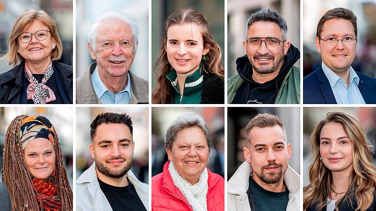 Würzburgerinnen und Würzburger beziehen Stellung zu den Bauernprotesten: oben v.l.: Uschi Strohmeier, Dietrich Reise, Andrea Stahl, Marco Chianese, Sascha Zegenhagen. unten v.l.: Britta Wenzel, Alexander Nikolai, Rosemarie Wagner, Marvin Joßberger, Lena Müller