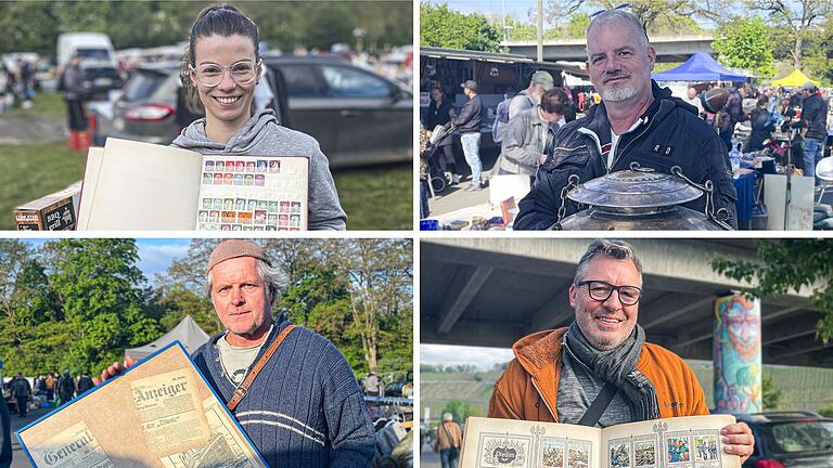 Vier Leute und vier besondere Stücke im Angebot: Ronja Jäger und Verkäufer Joe (oben), Thilo Drescher und Volker Schulze (unten) auf dem Mainwiesen-Flohmarkt in Würzburg Ende April.