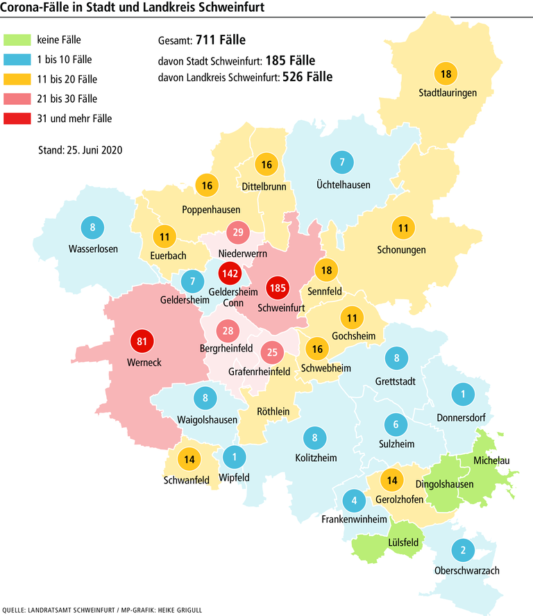 Karte: Wo es im Landkreis Schweinfurt wie viele Corona-Fälle gab