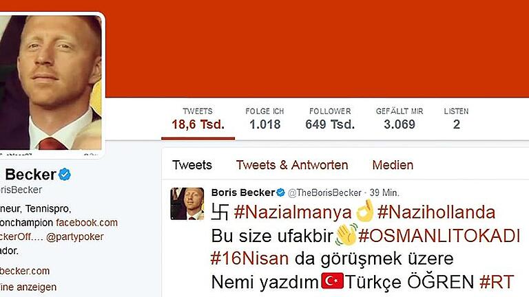 Twitter Hack Boris Becker  TÃ¼rkei       -  Der Screenshot zeigt die Twitter-Seite von Boris Becker am Morgen des 15. März 2017. Hacker hatten sich Zugang zu etlichen Twitter-Accounts verschafft und darüber Anfeindungen gegen die Niederlande und Deutschland verbreitet.