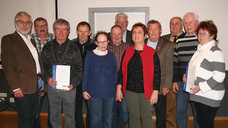 Die Vorsitzenden Manfred Niksch (von links) und Ferdinand Ruft ehrten beim VdK-Ortsverband Iphofen die langjährigen Mitglieder Gerhard Rabenstein, Ludwig Eisen, Claudia Bonfig, Georg Rechter, Georg Marr, Martha Krämer, Ludwig Bauer, Michael Klein, Heinz Riedel und Betty Weigl.