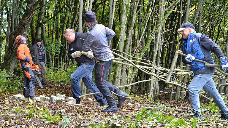 Die entfernten Bäume wurden für alle Seiten sinnstiftend verwendet: Aus den Kronenästen errichteten die Teilnehmenden eine Benjeshecke. Die Stämme der gefällten Bäume durften die Helferinnen und Helfer als Brennholz mitnehmen. Die entfernten Bäume wurden für alle Seiten sinnstiftend verwendet: Aus den Kronenästen errichteten die Teilnehmenden eine Benjeshecke. Die Stämme der gefällten Bäume durften die Helferinnen und Helfer als Brennholz mitnehmen.