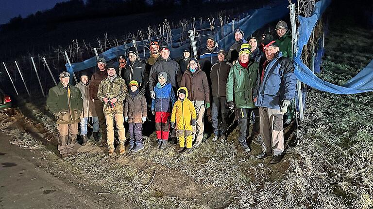 Eisig und fleißig. Die tapferen Helfer der Weingüter Koch in Bisfeld und Lehrmann in Retzbach ernteten in den frühen Morgenstunden bei minus sieben Grad Eiswein im 'Stettener Stein'.