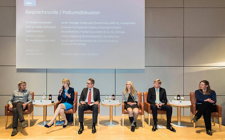 Beim '40. Forum Zukunftsfragen – Herausforderung Klimawandel' im Konferenzzentrum auf der Maininsel: (von links) Stefan Rahmstorf, Anja Weisgerber, Karsten Böhne, Brigitta Huckestein, Josef Ramthun und Christine Völzow.