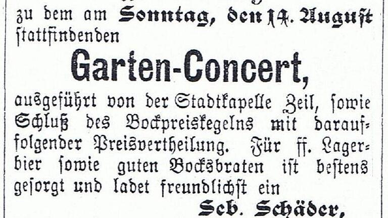 Inserat von 1892: Gartenkonzert mit Preiskegeln 1892.