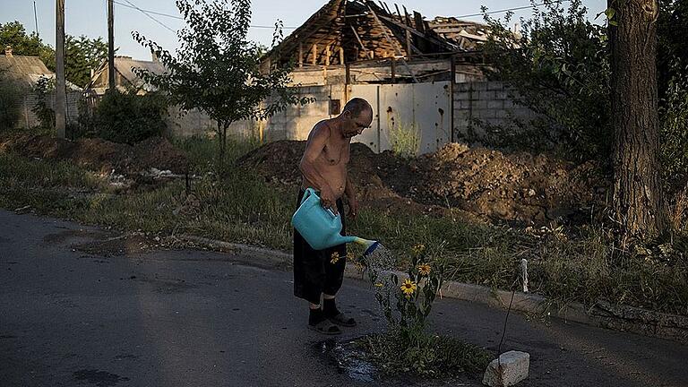 Die andere Seite des Krieges: Ein Mann gießt Blumen in seinem zerschossenen Dorf Spartak. Die Fotoserie über den Krieg in der Ukraine bekam den ersten Preis.