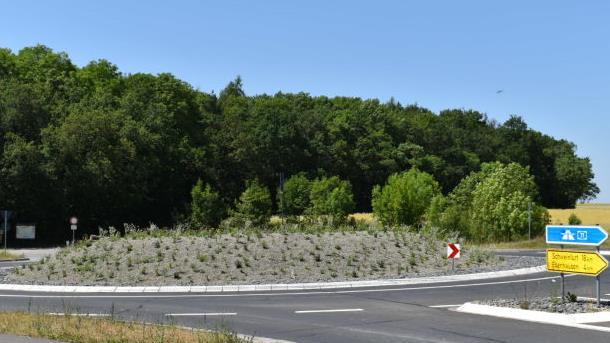 Der Kreisel am alten Sportplatz wurde neu angepflanzt und muss nun von den Gemeindearbeitern gegossen und gepflegt werden. Foto: Andreas Lomb       -  Der Kreisel am alten Sportplatz wurde neu angepflanzt und muss nun von den Gemeindearbeitern gegossen und gepflegt werden. Foto: Andreas Lomb