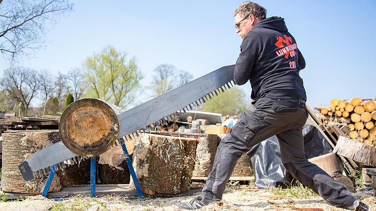 Im Wettkampf muss mit der Zugsäge eine komplette Scheibe von einem Stamm mit 46 Zentimetern Durchmesser abgesägt werden. Im Wettkampf muss mit der Zugsäge eine komplette Scheibe von einem Stamm mit 46 Zentimetern Durchmesser abgesägt werden.