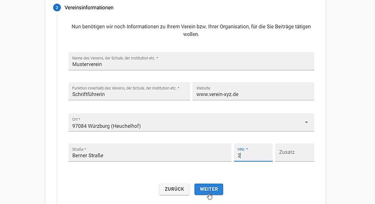 Screenshot: Daten zu Verein und Funktion ergänzen