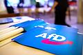 AfD.jpeg       -  Fähnchen mit dem Logo der AfD liegen beim Landesparteitag der AfD Bayern auf einem Tisch.