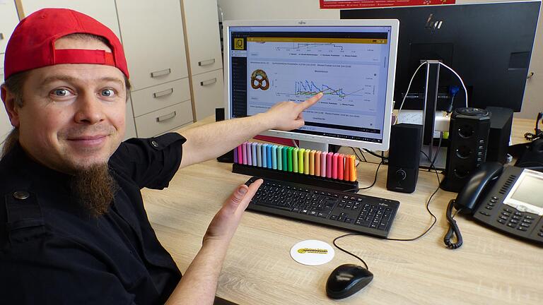 Axel Schmitt ist stolz auf seinen digitalen Testlauf in der Bäckerei: Er erkennt in seinem Büro in Frankenwinheim in Echtzeit, was die Kunden im Markt in Volkach kaufen und bekommt eine Prognose über den künftigen Bedarf.