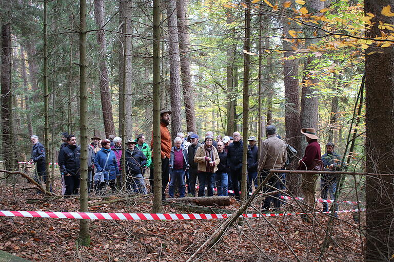 Christian Büdel zeigt den Teilnehmern eines Symposiums die von ihm entdeckte Sternschanze in Frammersbach.