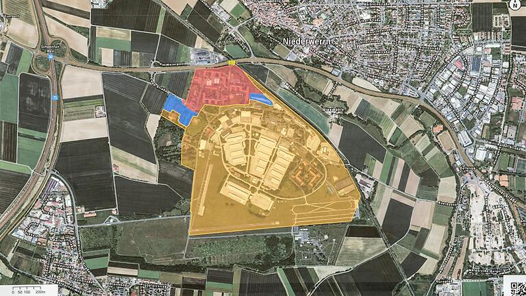 Die gelb eingezeichnete Fläche ist das geplante Gewerbegebiet in den Conn Barracks.