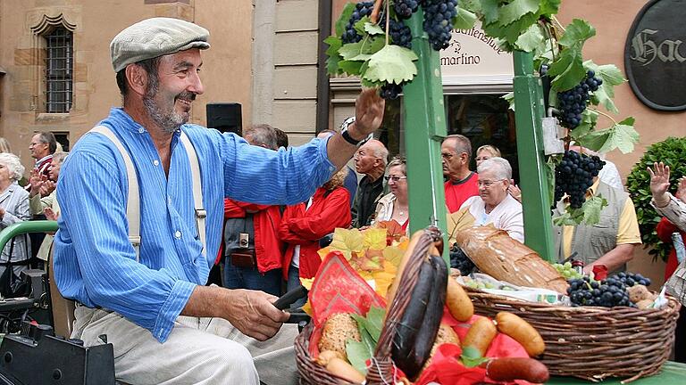 Beim farbenfrohen Festzug vor zehn Jahren waren die Menschen begeistert. Auf den Zugfahrzeugen drehte sich vieles um den Frankenwein und die typisch fränkische Brotzeit.