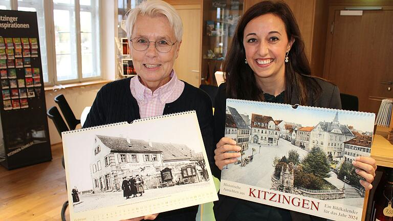 Die Leiterin des Kitzinger Stadtarchivs Doris Badel (links) und Tourismus-Chefin Vanessa Feineis präsentieren den historischen Kalender. Die Leiterin des Kitzinger Stadtarchivs Doris Badel (links) und Tourismus-Chefin Vanessa Feineis präsentieren den historischen Kalender.