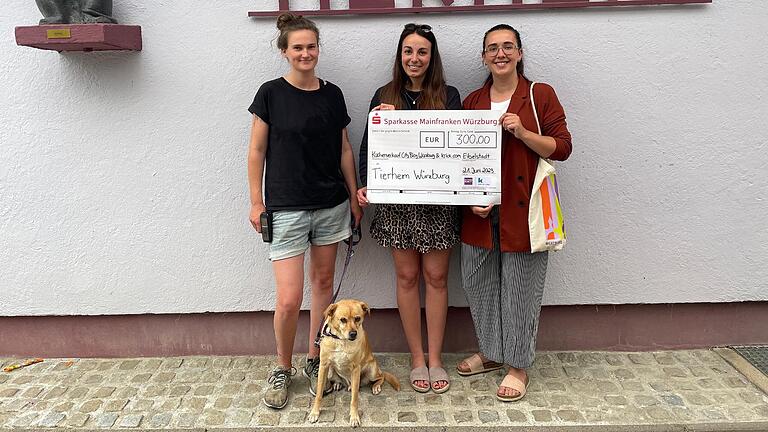 Melanie Wolz und Anna-Lena Hillenbrand (beide krick.com) übergeben den Spendencheck an Lenore Ziegler (Tierschutzverein Würzburg).