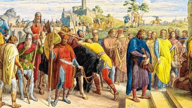 Julius Schnorr von Carolsfeld: Aus dem Nibelungenlied. Etzels Boten bringen die Nachricht von Rüdigers Tod nach Bechelaren. Julius Schnorr von Carolsfeld: Aus dem Nibelungenlied. Etzels Boten bringen die Nachricht von Rüdigers Tod nach Bechelaren.