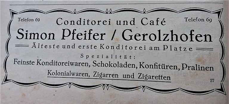 Werbung für die Konditorei und Bäckerei des jüdischen Mitbürgers Simon Pfeifer in Gerolzhofen im Einwohner-Buch der Stadt aus dem Jahr 1927.