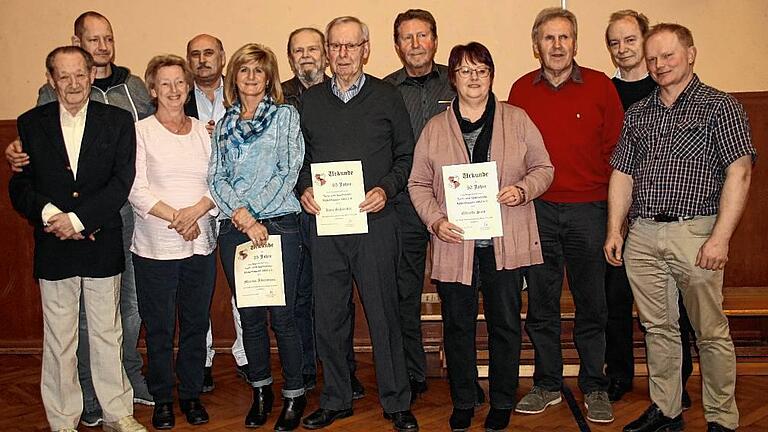 Ehrungen beim TSV Rüdenhausen für 25, 40, 50 und 65 Jahre: Matthias Müller (von links), Michael Müller, Uschi Wägelein, Norbert Bergmann, Marina Ackermann, Josef Weinmann, Kurt Schneider, Klaus Klein, Elfriede Sinn, Manfred Klein, Wolfgang Paul und Gunter Dürner.