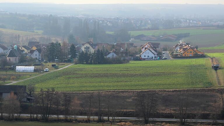 Auf dieser begrünten Fläche entsteht das neue Baugebiet „An der Michaeliskapelle“ mit 27 Bauplätzen. In dem kleinen Wäldchen (Bildmitte), das dem Baugebiet weichen muss, leben laut einem Anwohner Zauneidechsen.