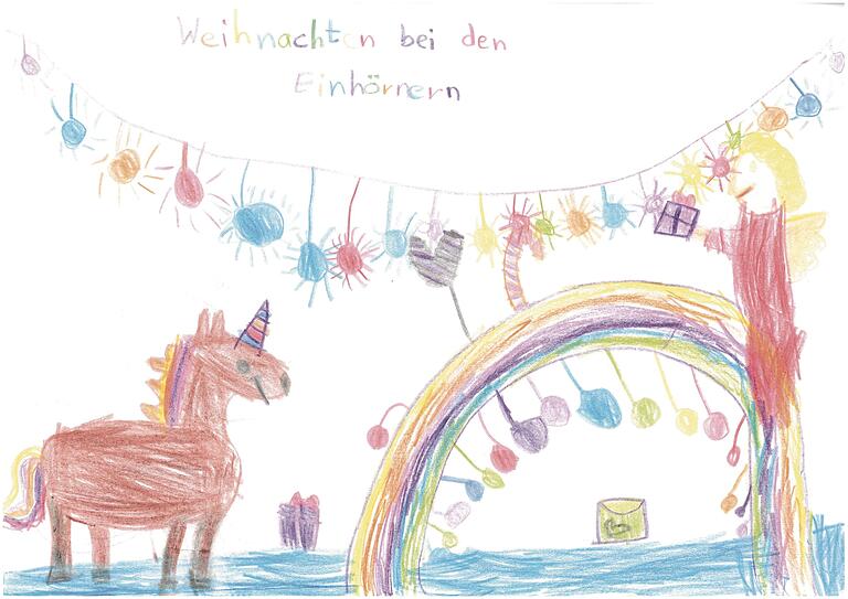 Jule Wirth (6) aus Rottendorf feiert Weihnachten mit Regenbogen und Einhorn: eine Gewinnerin beim Mal-Wettbewerb der Main-Post.&nbsp;