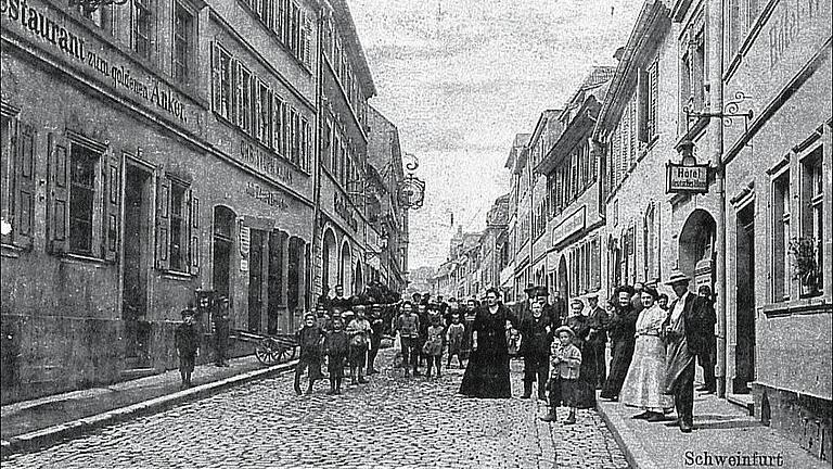 Brückenstraße, Links &quot;Zum Goldenen Anker&quot;, Alte Stadtansichten, Gasthäuser in Schweinfurt, historisch, Schweinfurtführer.de, Peter Hofmann