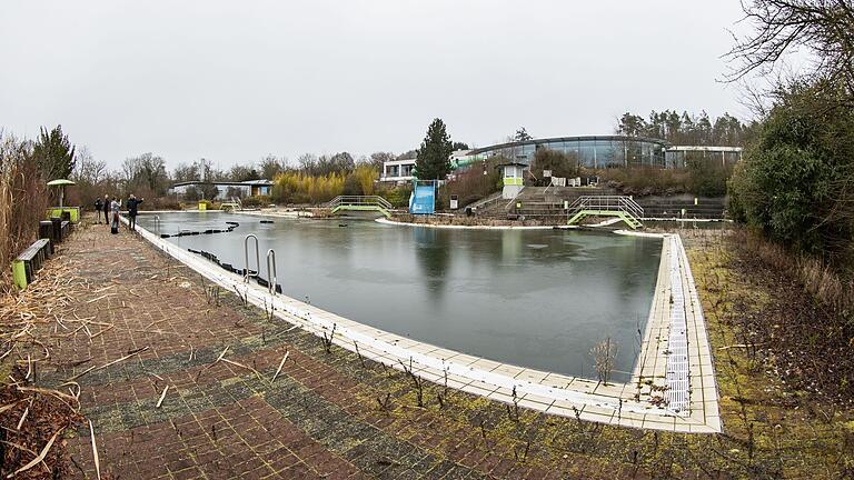 Das Freibad des Wonnemar: Das Wasser ist dunkelgrün und mit einer Eisschicht überzogen, der Boden ist vermost und die Sträucher wild gewachsen. Das Freibad des Wonnemar: Das Wasser ist dunkelgrün und mit einer Eisschicht überzogen, der Boden ist vermost und die Sträucher wild gewachsen.