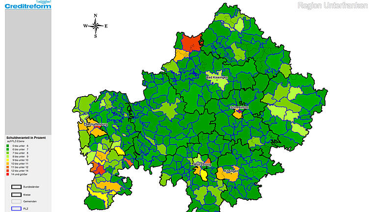 Schuldneratlas von Creditreform für 2018: Je mehr Rot, desto größer ist die Überschuldung.