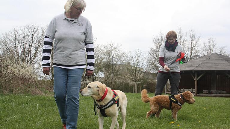 Gerty Fischer (links) aus Michelau mit ihrem Hund 'Luis' und Sabine Maier aus Gerolzhofen mit ihrem Hund 'Lucky' sind als Therapiehunde-Teams in Altenpflegeeinrichtungen in Gerolzhofen im Einsatz.