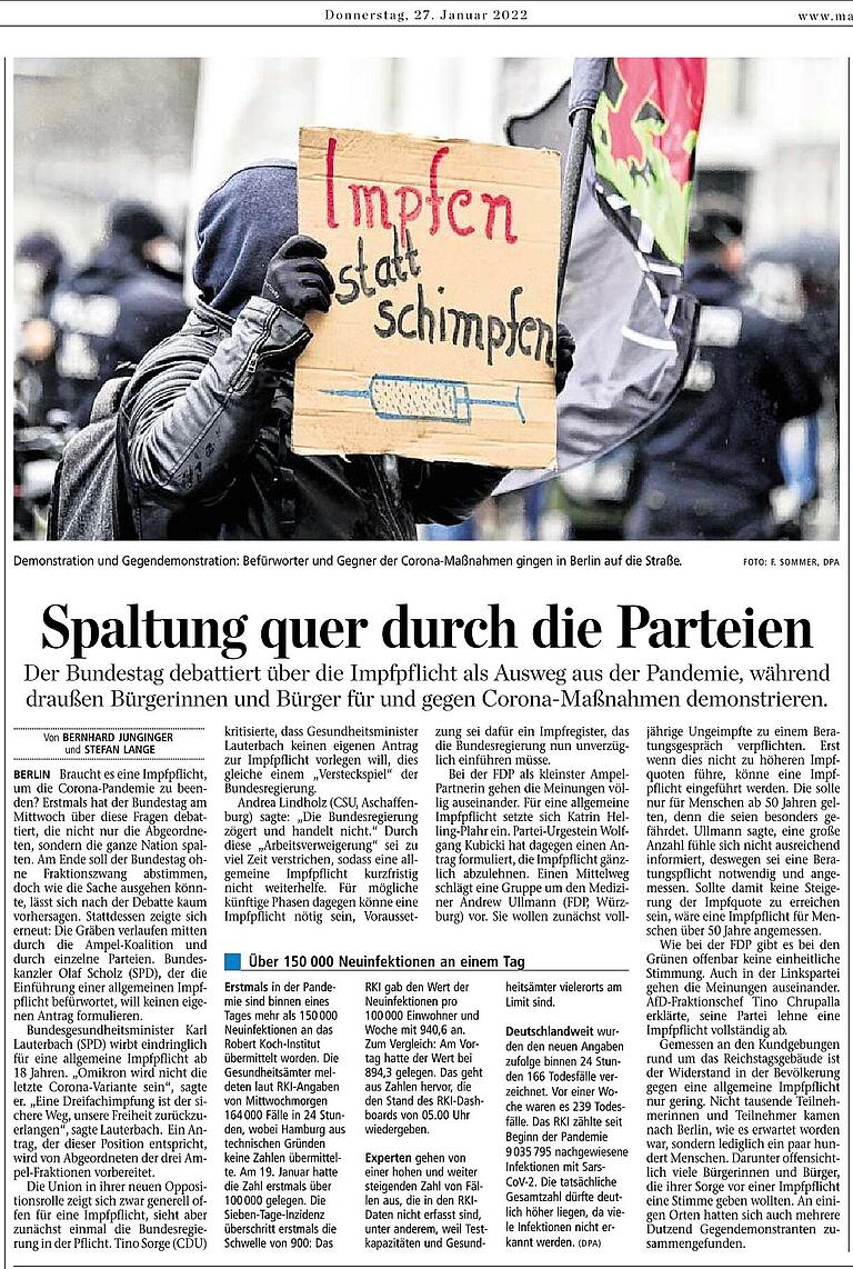 'Spaltung quer durch die Parteien'. Vom Main-Post Titel am 27.1.22.