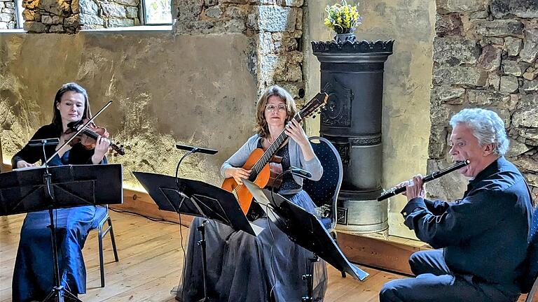 Das Gragnani-Trio mit Anna Balzer-Tarnawska (Violine), Karin Scholz (Gitarre) und Thomas Richter (Flöte) beim Konzert im Schloss Unsleben.       -  Das Gragnani-Trio mit Anna Balzer-Tarnawska (Violine), Karin Scholz (Gitarre) und Thomas Richter (Flöte) beim Konzert im Schloss Unsleben.