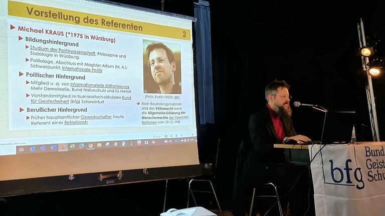 Michael Kraus bei seinem Vortrag in der Disharmonie Schweinfurt. Michael Kraus bei seinem Vortrag in der Disharmonie Schweinfurt.