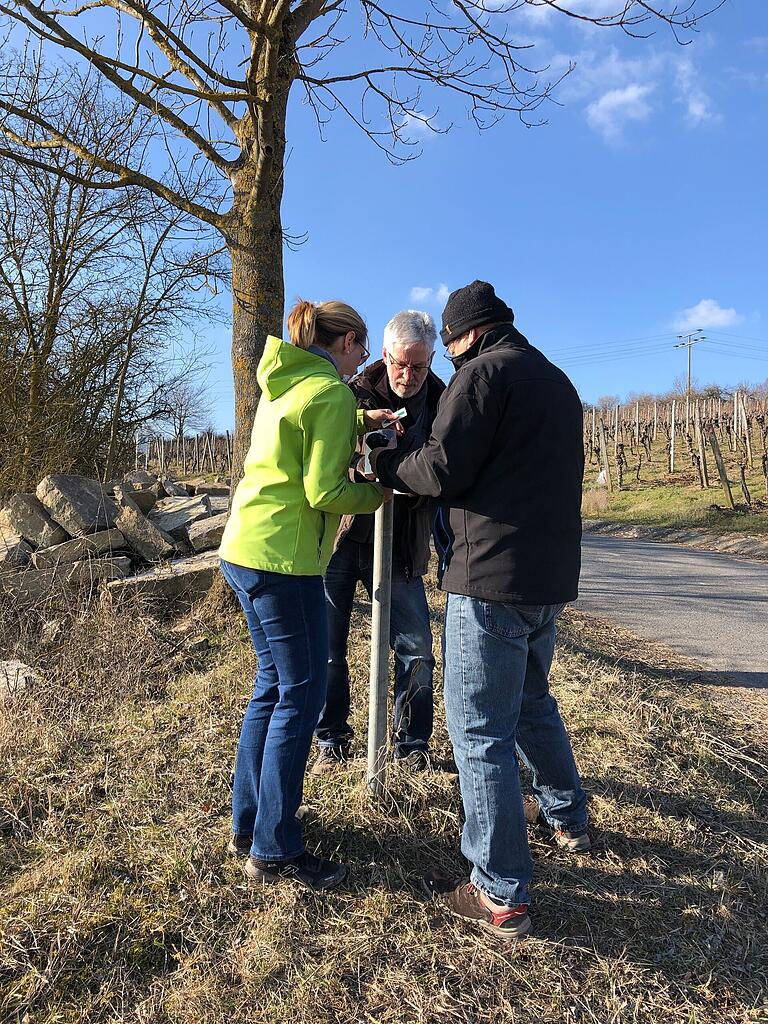 Die Wanderwegewarte Evi Röder, Gerhard Lang und Bruno Schmachtenberger beim Setzen von Markierungen für die neuen Randersackerer Wanderwege. Die Wanderwegewarte Evi Röder, Gerhard Lang und Bruno Schmachtenberger beim Setzen von Markierungen für die neuen Randersackerer Wanderwege.