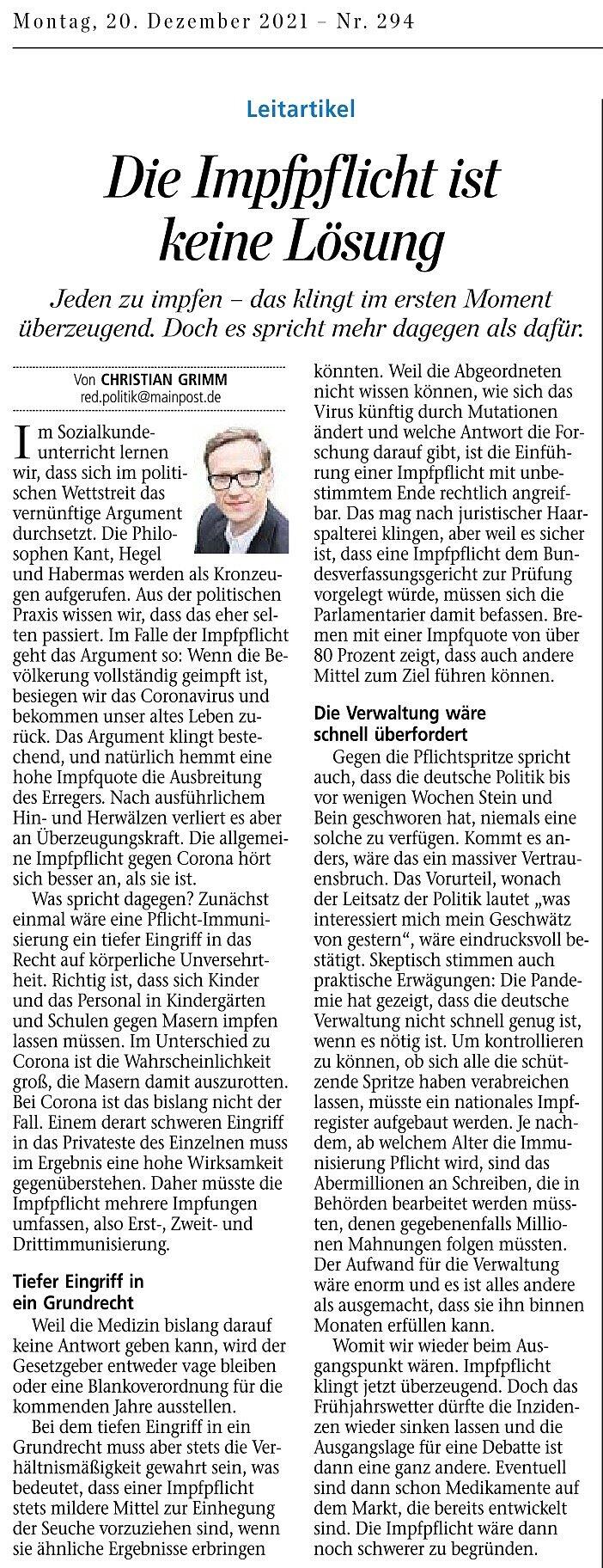 Der Leitartikel vom 20.12.2021, der Kritik ausgelöst hat. Der Leitartikel vom 20.12.2021, der Kritik ausgelöst hat.