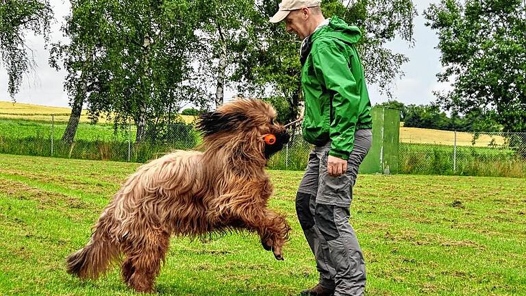 Stefan Reinhart (51) trainiert regelmäßig mit seinem einjährigen Briard Rüden, Luis. Es ist bereits sein 3. Hund und er hat schon viel Erfahrung in der Erziehung eines Hundes. Er hat schon die Welpen Schule besucht und möchte jetzt die Schutzhundeprüfung ablegen, um seine Leistungen und die des Hundes beurteilen zu können. FOTO Elfriede StreitenbergerText