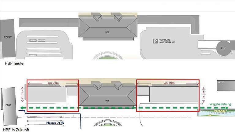 Skizze einer möglichen Entwicklung des Würzburger Hautpbahnhofs und seines Umfelds. In der Tiefe wachsen könnten die beiden Seitenflügel. Der westliche (links) soll aber wegen einer möglichen Busspur kürzer werden. Skizze einer möglichen Entwicklung des Würzburger Hautpbahnhofs und seines Umfelds. In der Tiefe wachsen könnten die beiden Seitenflügel. Der westliche (links) soll aber wegen einer möglichen Busspur kürzer werden.