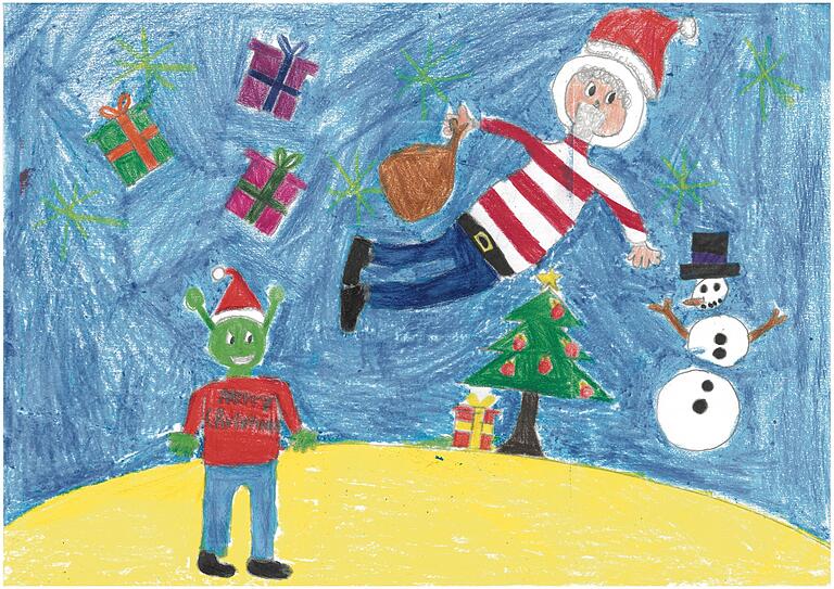 Weihnachtsmann und Schneemann schwerelos: Ben-Luca Markert (10) aus Burkardroth hat beim Mal-Wettbewerb 'Weihnachten einmal anders' gewonnen.
