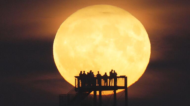 Supermond.jpeg       -  Schaulustige beobachten vom Aussichtsturm auf dem Hohen Berg in Niedersachsen den Mondaufgang.