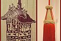 Ausstellungsstücke der aktuellen Ausstellung im Siebold-Museum, rechts eine Quaste, links ein Festwagen vom Otsu-Festival.