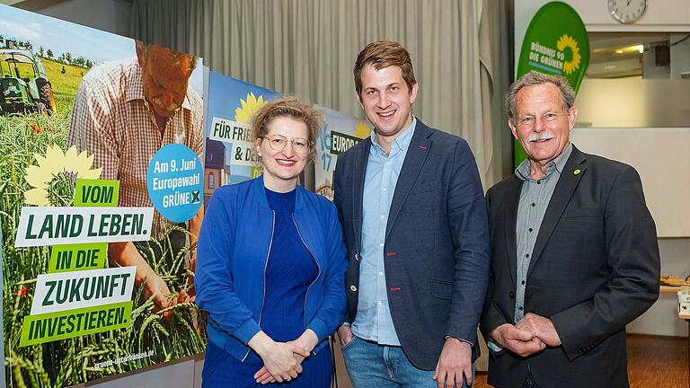 Die Grünen starteten in Würzburg ihren Europawahlkampf. Mit dabei waren die bayerische Spitzenkandidatin Andie Wörle, Europaabgeordneter Michael Bloss und Landtagsabgeordneter Paul Knoblach, der eine eigene Europa-Resolution initiierte. Links im Bild das Grünen-Plakat mit Model&nbsp; Knoblach.&nbsp;&nbsp;